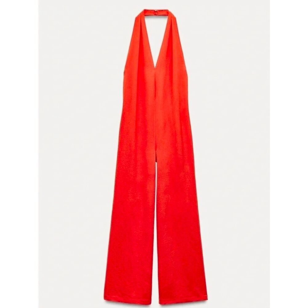 ZARA BRIGHT RED/Orange CREPE PALAZZO JUMPSUIT - Picture 4 of 13
